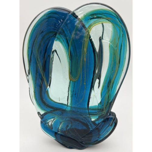 1247 - A larger Mdina glass knot sculpture in blue, green clear and gold glass. Approx. 20cm tall.