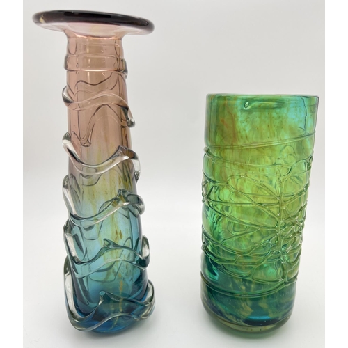 1249 - 2 vintage Mdina glass vases. A green, gold, blue and clear glass vase with spiders web design, toget... 