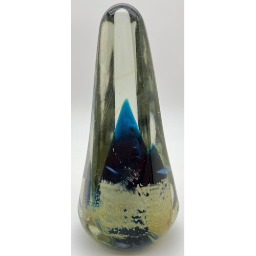 1250 - A large Mdina glass obelisk paperweight in blue gold and clear colours. Approx. 18cm tall.