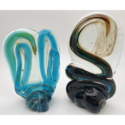 1251 - 2 small Mdina glass knot sculptures. One in blue, green, gold & clear colours, the other in blue, gr... 