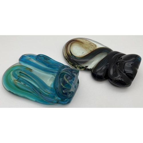 1251 - 2 small Mdina glass knot sculptures. One in blue, green, gold & clear colours, the other in blue, gr... 