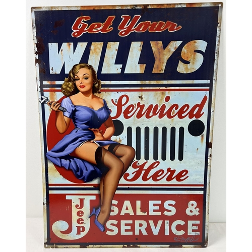 1295 - A large reproduction printed tin advertising sign for Willys Jeep. With holes for wall fixing. Appro... 