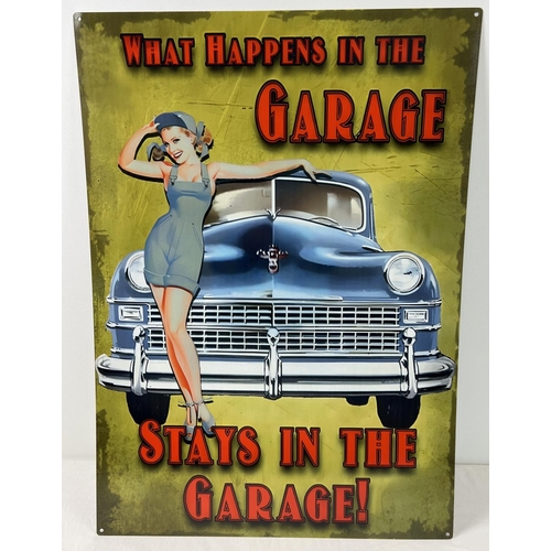 1296 - A large modern printed tin garage sign. With holes for wall fixing. Approx. 70cm x 50cm.