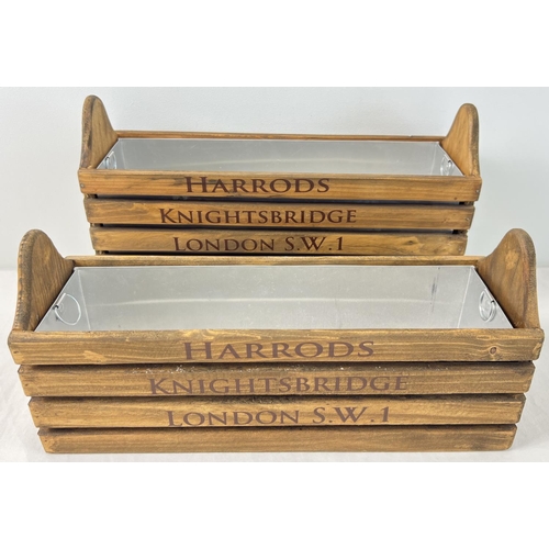 1329 - A pair of wooden crated Harrod's window planters with metal liners. Each approx. 15.5cm tall x 35cm ... 