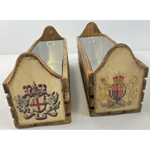 1329 - A pair of wooden crated Harrod's window planters with metal liners. Each approx. 15.5cm tall x 35cm ... 