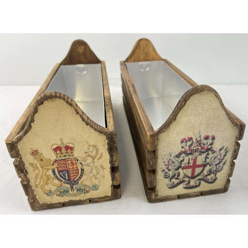 1329 - A pair of wooden crated Harrod's window planters with metal liners. Each approx. 15.5cm tall x 35cm ... 