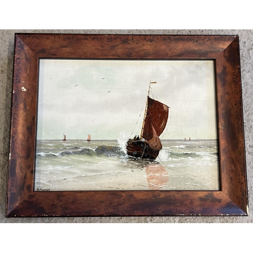 1381 - J.G. Mannee - small framed oil on canvas of a sailing boat at sea. Signed to lower left. Frame size ... 