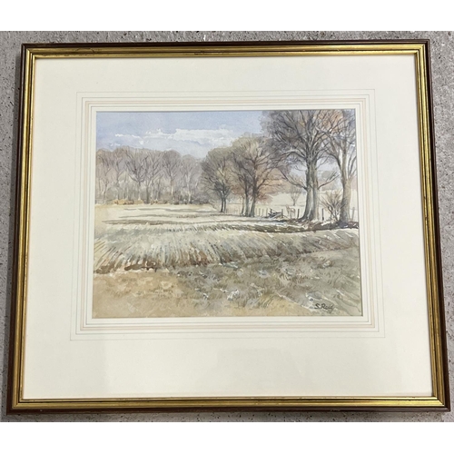 1384 - A framed and glazed watercolour of a rural field view by S Reid. Signed to bottom right. Frame size ... 