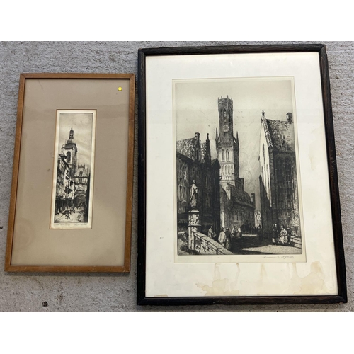 1386 - 2 antique etchings depicting Clock Towers, both framed & glazed. The Clock Tower, Bruges by Andrew A... 