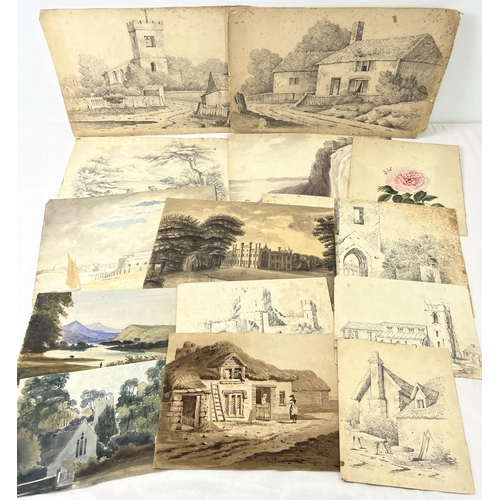 1389 - A collection of assorted 19th century scenic pencil sketches and watercolours. Unmounted and unframe... 