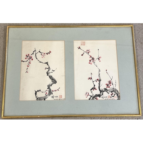 1274 - A signed pair of Chinese watercolour sketches of Cherry blossom trees, mounted together. Framed and ... 