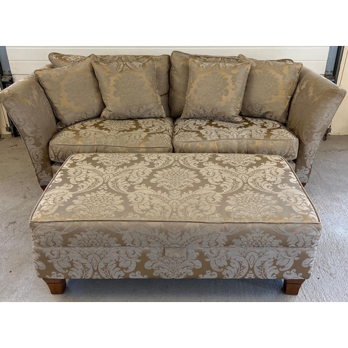 1431 - A modern 3 seater sofa and matching footstool in coffee coloured damask fabric with feather filled c... 