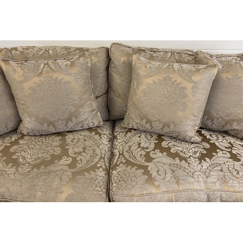 1431 - A modern 3 seater sofa and matching footstool in coffee coloured damask fabric with feather filled c... 