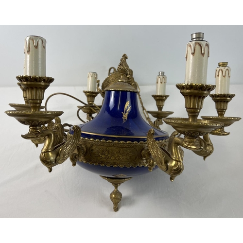 1423 - A French inspired gilt bronze and blue glazed porcelain 6 arm chandelier ceiling light by Italian co... 