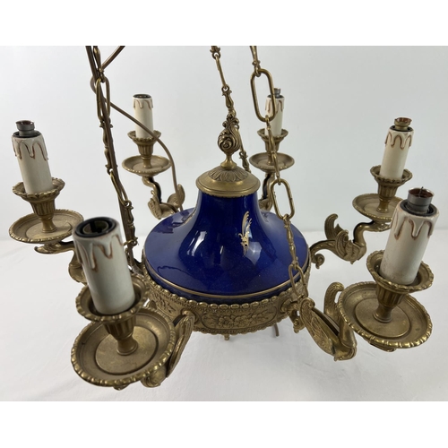 1423 - A French inspired gilt bronze and blue glazed porcelain 6 arm chandelier ceiling light by Italian co... 