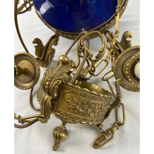 1423 - A French inspired gilt bronze and blue glazed porcelain 6 arm chandelier ceiling light by Italian co... 