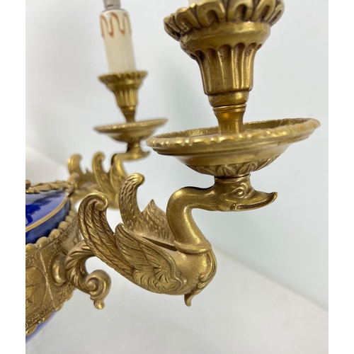 1423 - A French inspired gilt bronze and blue glazed porcelain 6 arm chandelier ceiling light by Italian co... 