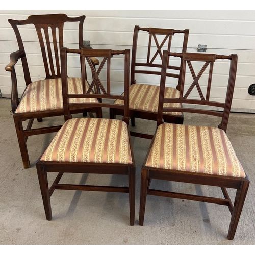 1437 - 3 mahogany Regency style dining chairs together with a Victorian slat backed carved arm chair. With ... 