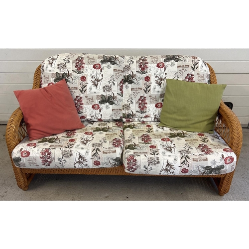 1441 - A modern light wood wicker 5 piece conservatory set with floral upholstered cushions. Comprising sof... 