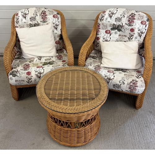 1441 - A modern light wood wicker 5 piece conservatory set with floral upholstered cushions. Comprising sof... 