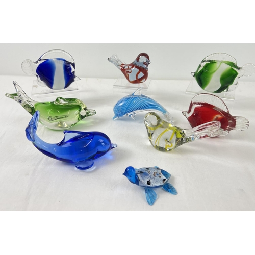 1255 - A collection of 9 coloured glass animal, fish & bird ornaments and paperweights. To include dolphins... 