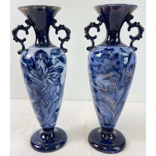 1228 - 2 blue and white glazed urn style vases by Stafford pottery maker Thomas Forester & Sons Ltd. Floral... 