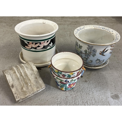 1419 - 3 vintage ceramic planters together with a piece of white marble. To include a Chinese pot & saucer ... 