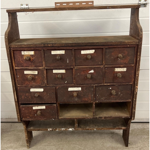 1444 - A vintage pine wall hanging set of drawers with under & over shelves. 2 bottom drawers missing. Appr... 