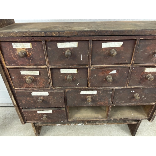 1444 - A vintage pine wall hanging set of drawers with under & over shelves. 2 bottom drawers missing. Appr... 