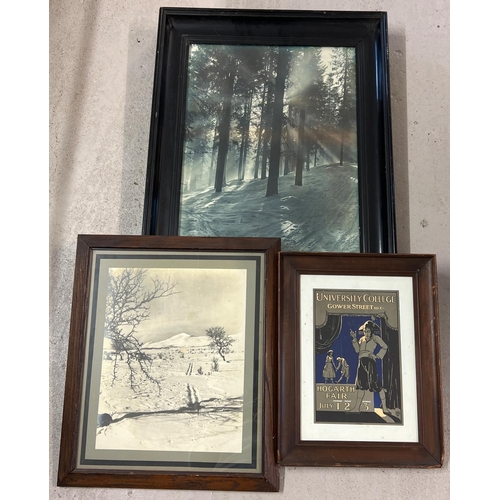 1394 - 3 vintage framed and glazed pictures & photographs. 2 photographic snowy wooded scenes together with... 