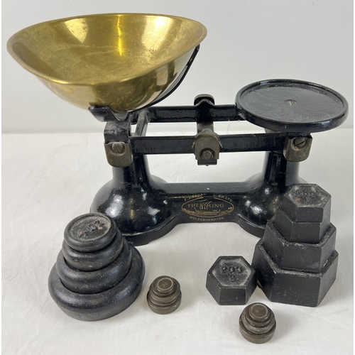 1156 - A vintage set of black painted 'The Viking' kitchen scales with brass bowl and a selection of assort... 