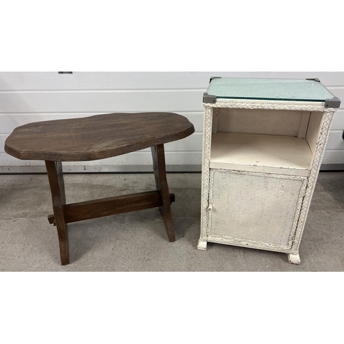 1448 - A vintage rustic wooden refectory style side table together with a painted white basket/loom style b... 