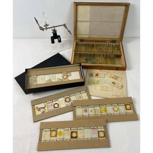 1346 - 2 boxes of vintage 1940's scientific slides, labelled and dated, together with a helping hand deskto... 