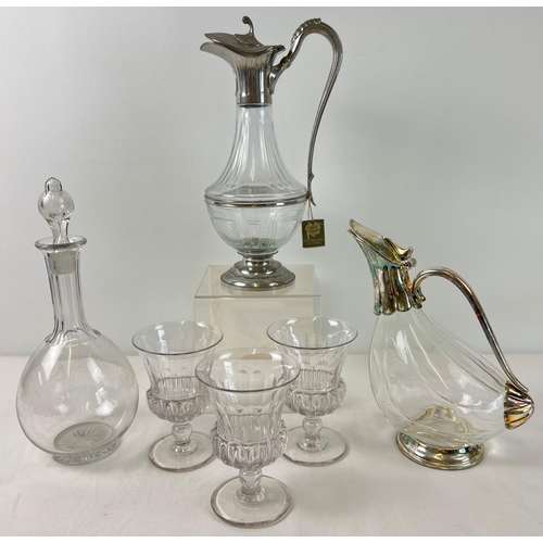 1259 - 3 vintage glass decanters together with 3 large glass rummers. Silver plate & glass duck wine decant... 