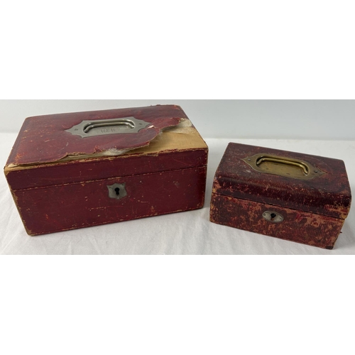 1082 - 2 vintage wooden red leather covered jewellery boxes with contents. Brass fixings and top carry hand... 