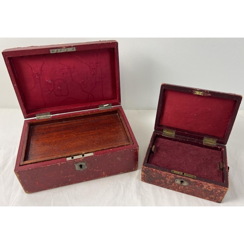 1082 - 2 vintage wooden red leather covered jewellery boxes with contents. Brass fixings and top carry hand... 