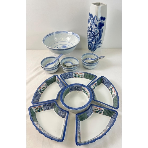 1234 - A collection of modern Oriental design ceramics. To include a set of blue & white soup bowls and mat... 