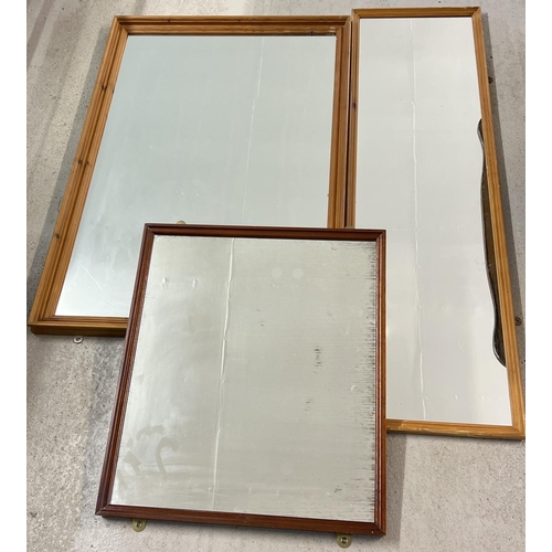 1451 - 3 wooden framed wall hanging mirrors in various sizes. 2 square mirrors with a tall mirror. Largest ... 