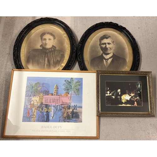 1396 - 4 framed and glazed prints. A pair of carved black oval frames with vintage print portraits of a lad... 