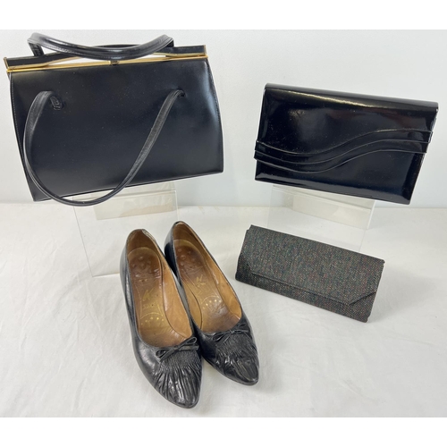 1371 - 3 vintage handbags together with a pair of 1960's 'K' leather shoes. Bags to include a black leather... 