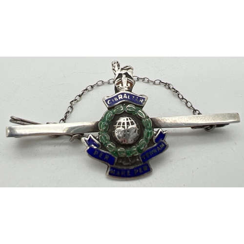 1197 - A silver Royal Marine sweetheart pin back brooch with enamelled detail and safety chain. Stamped sil... 