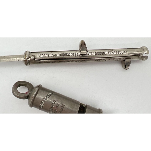 1198 - A 'The Metropolitan' J. Hudson & co, police whistle, used by PC George Greenfield in 1910. Together ... 