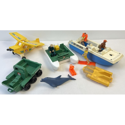 1363 - A collection of vintage Fisher Price land, air and sea vehicles with some figures and accessories. T... 