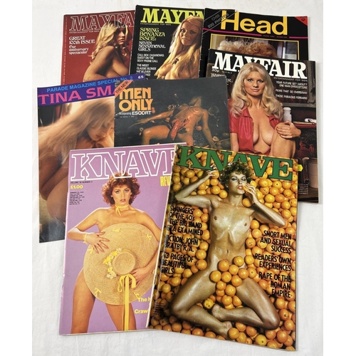 8 assorted vintage adult erotic magazines, to include Mayfair and Knave. Lot also includes a later publication of a 1971 Men Only magazine, Parade Magazine giant poster of Tina Small and Head vintage US adult photo magazine.