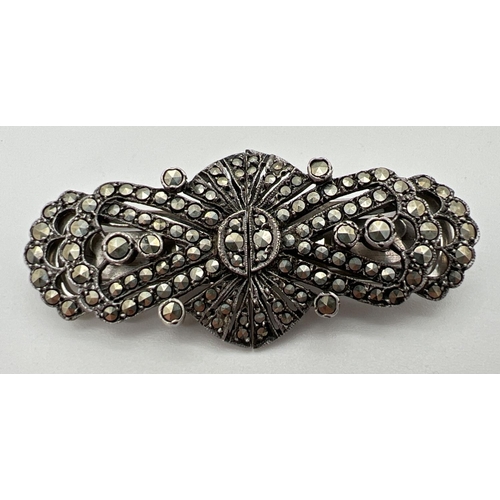 1119 - A vintage Art Deco design silver & Marcasite Duette dress clips brooch. Pin backed mount stamped sil... 