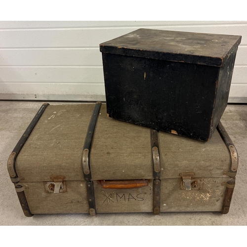 1548 - A vintage wooden bound travelling trunk together with a small pine tool box painted black.