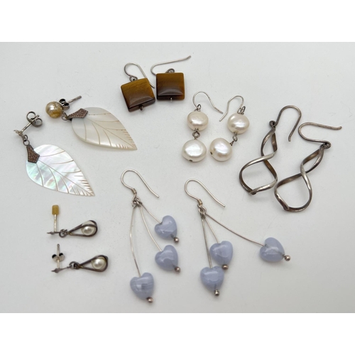 1031 - 6 pairs of silver and white metal drop style earrings to include mother of pearl (a/f), blue lace ag... 