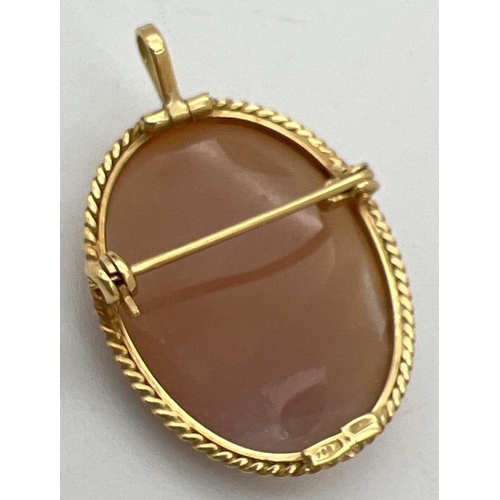 1033 - A carved rose design cameo brooch pendant in a 18ct gold mount. Brooch pin and folding bale to rever... 