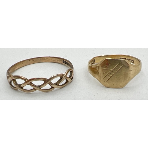 1037 - 2 9ct gold rings. A small square signet ring with half engraved pattern (misshapen) together with a ... 