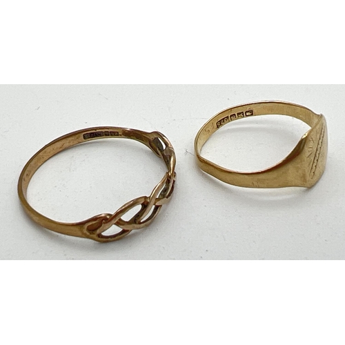 1037 - 2 9ct gold rings. A small square signet ring with half engraved pattern (misshapen) together with a ... 